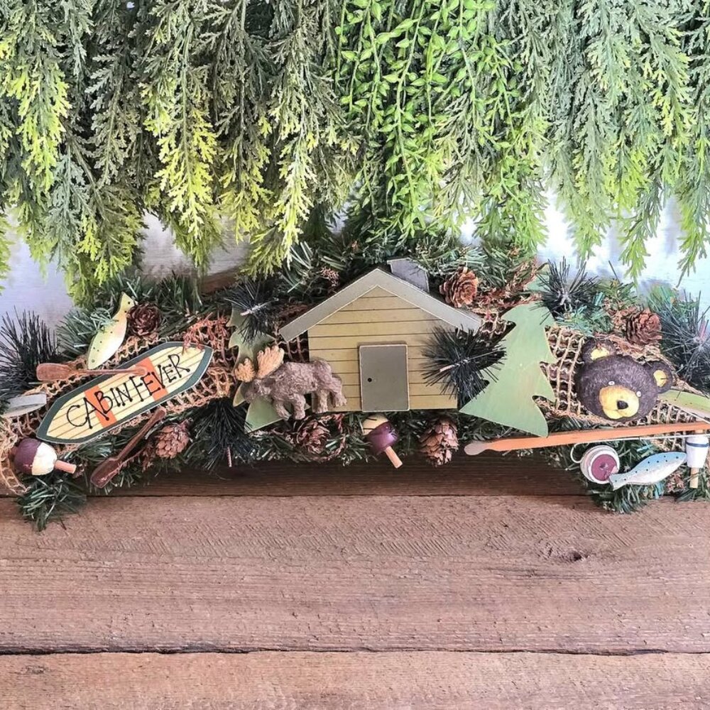 Primitive Swag Wall Hanging with Black Bear Moose Fishing Pole Pinecones & Trees